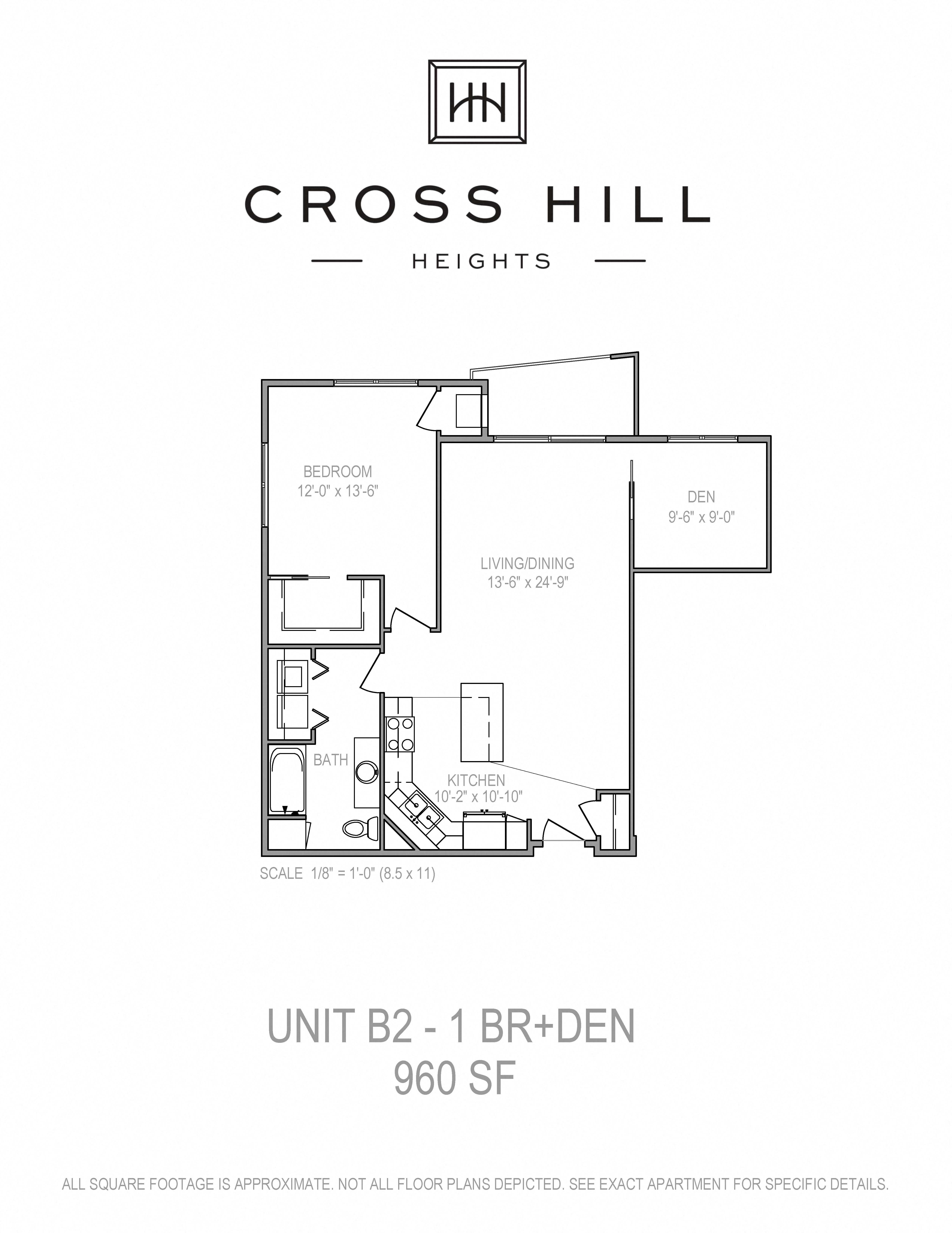 Floor plan for 1 bed, 1 bath, 960 sqft
